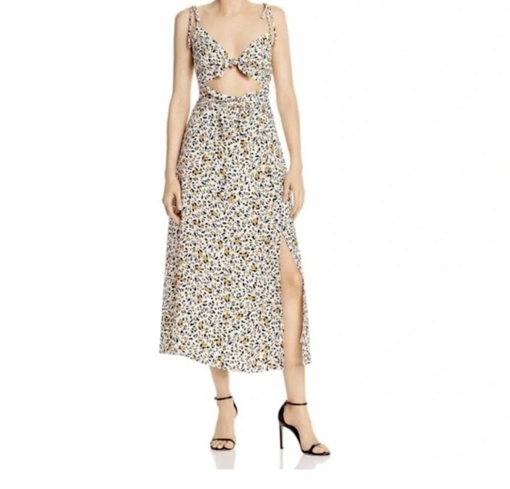 WAYF XS White Abstract Animal Print Cutout Midi Dress Tie Strap Front Slit Lined